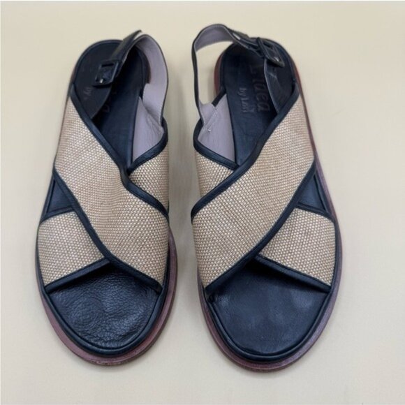 L’idea by Lori Criss Cross Woven Slingback Sandals Size 7.5 Black Tan Casual Ele - Picture 4 of 8